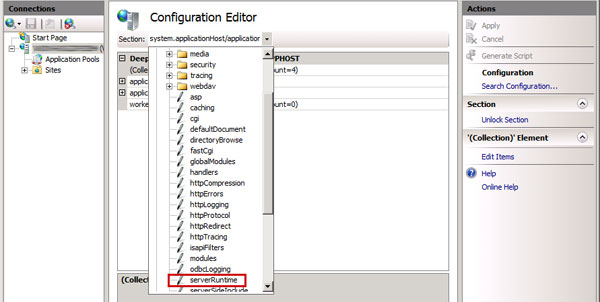 Configuraton Editor'da serverRuntime'ı seçiyoruz