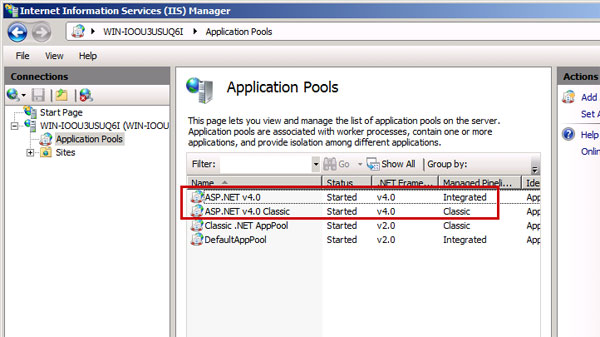 Yeni .NET 4 application pool'ları