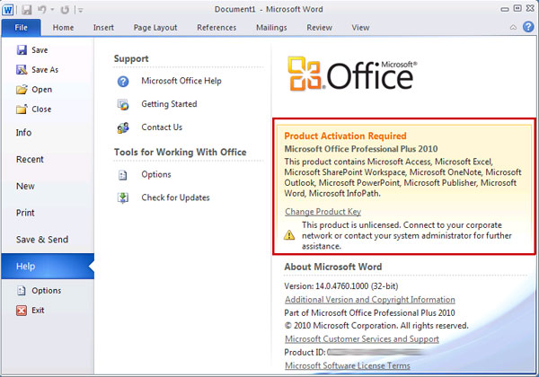 Office 2010 ürün aktivasyon bilgileri